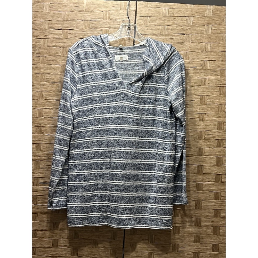 Lou & Grey Women's Hooded Lightweight Sweater Sz XS Soft Knit Gray White Stripes